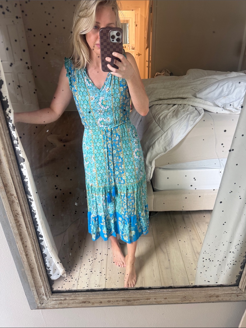 Knox Rose Blue Floral V-Neck Tiered Midi Dress